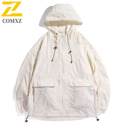 2025 Hooded Jacket Men's Summer Harajuku Solid Color Lightweight Breathable UV Jackets Outdoor Fishing Hiking Skin Windbreaker