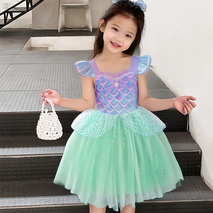 Girls Flying Sleeve Suspender Mesh Skirt Baby Girl Summer Sweet Sequin Performance Costume Mermaid Princess Dress