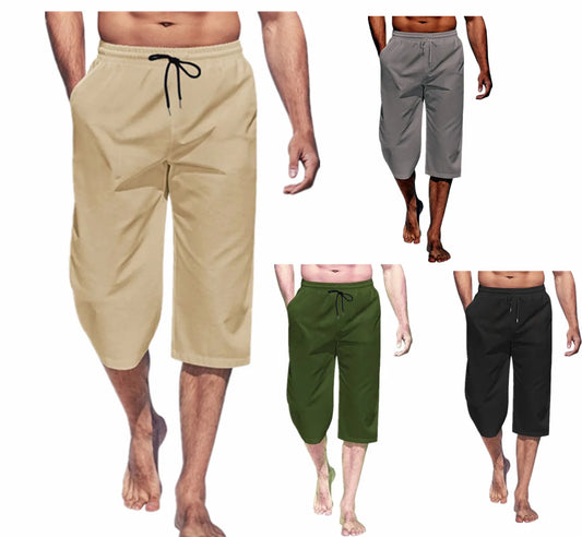 Cross border hot selling men's capris casual lightweight capris drawstring elastic waist