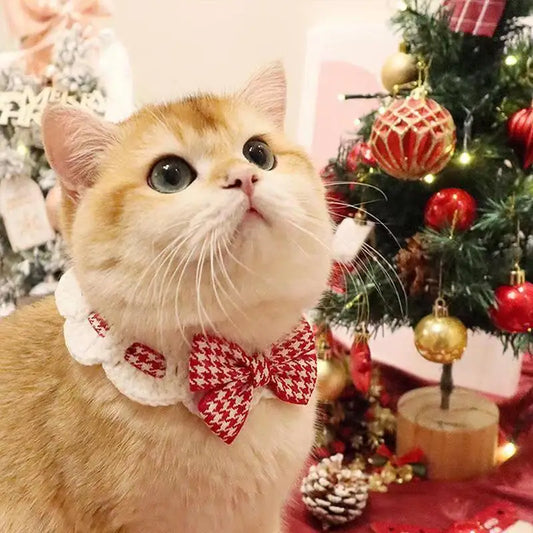 Elegant Pearl Cat Dog Collar Jewelled with Silk Ribbon Scarf Pendant Pet Bowtie Necklace for Puppy Kitten Bow Accessories Bowtie