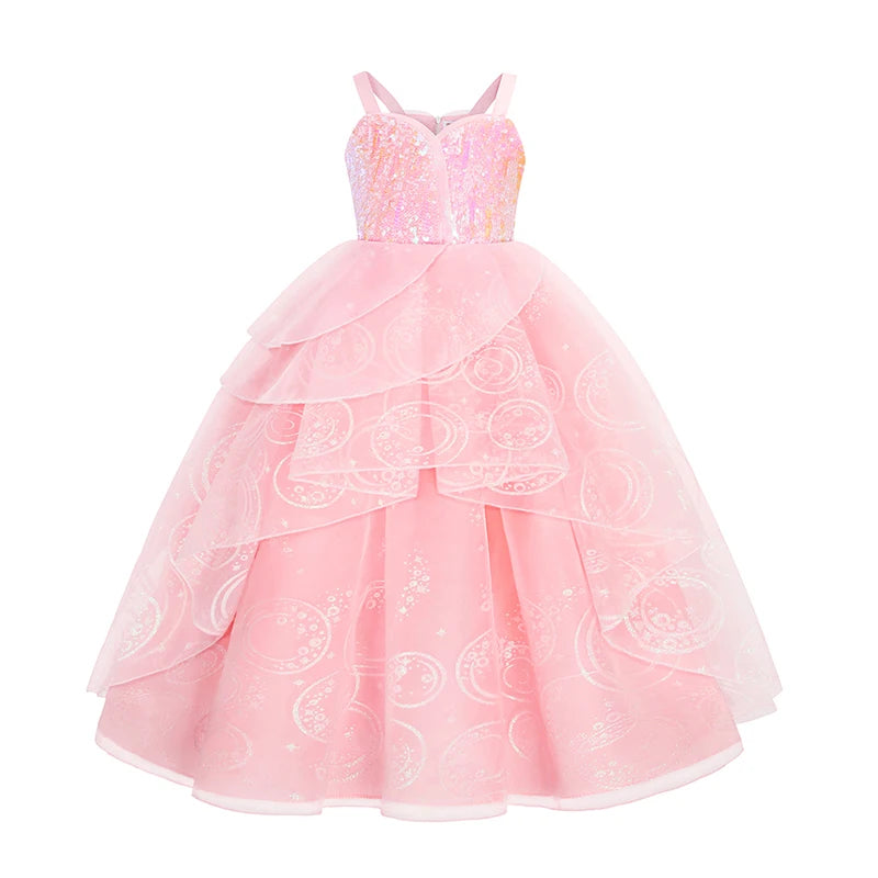 Girl Cosplay Wicked Glinda Costume Girls Sequins Pink Wedding Princess Evening Dress Halloween Witch Birthday Party Frocks