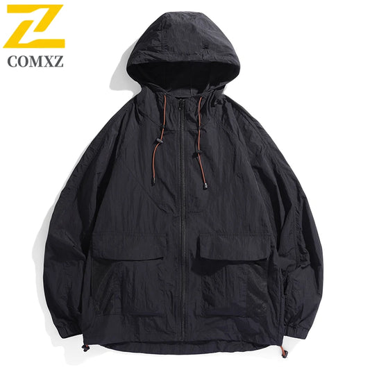 2025 Hooded Jacket Men's Summer Harajuku Solid Color Lightweight Breathable UV Jackets Outdoor Fishing Hiking Skin Windbreaker