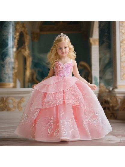 Girl Cosplay Wicked Glinda Costume Girls Sequins Pink Wedding Princess Evening Dress Halloween Witch Birthday Party Frocks