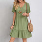 V-neck Short Sleeved Pleated Women Dress