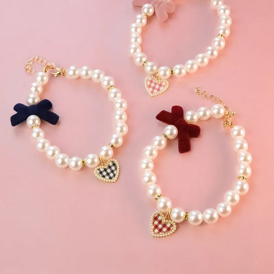 Pet Bow Pearl Collar Cat Jewelry Heart Pendant Necklace Dog Sweet