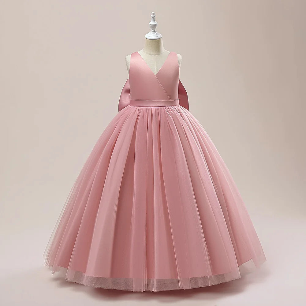 Girl Long White Bridesmaid Dresses For Wedding Prom Gown Big Bow Girls Party Dress