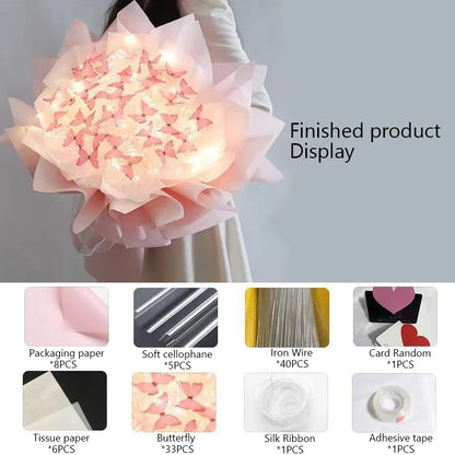 3 Colors Butterfly Bouquets Material Set With Light String DIY Handmade Wedding Dinner Party Birthday Decor Girlfriend Gift