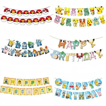 Pokemon Happy Birthday Banner Party Decoration Pikachu Flag banner Baby Shower Kids Boys Favors Gifts