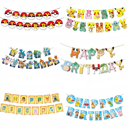 Pokemon Happy Birthday Banner Party Decoration Pikachu Flag banner Baby Shower Kids Boys Favors Gifts