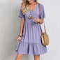 V-neck Short Sleeved Pleated Women Dress
