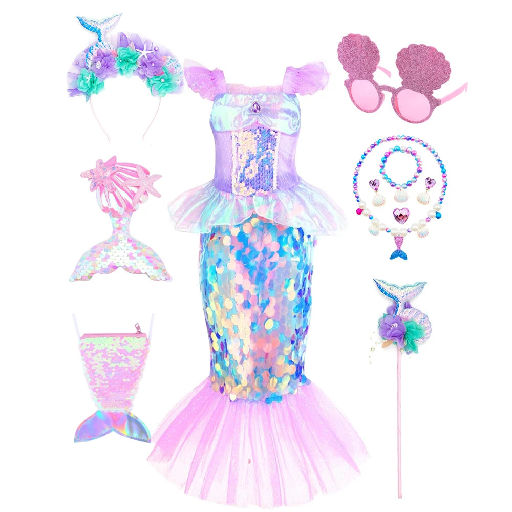 Mermaid Costume Girl Dress Short Sleeve Sequins Princess Cosplay Costume Children Carnival Birthday Party Clothes
