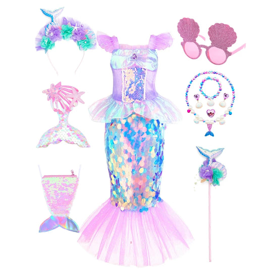 Mermaid Costume Girl Dress Short Sleeve Sequins Princess Cosplay Costume Children Carnival Birthday Party Clothes
