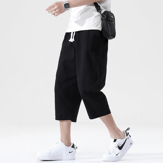 100% Cotton Cropped Pants Men's Summer Thin Pants Casual Beach Pants Men's Straight Leg Home Pants