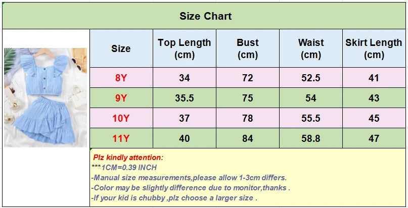 Kid Girls Summer Princess Clothing Set Flutter Sleeve Plain Color Tops+Short Skirt Sweet Style Party Wear For Child 8-12 Years