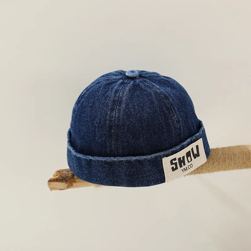 Washed Denim Baby Brimless Hat Retro Letter Embroidered Melon Cap for Infant Boy Girl Summer Adjustable Kids Docker Caps