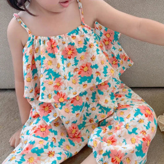 2025 Summer New baby Girls' Suits Cute Floral Vest And Anti-Mosquito Pants Children Clothing Sets Fashion Kids Outfit