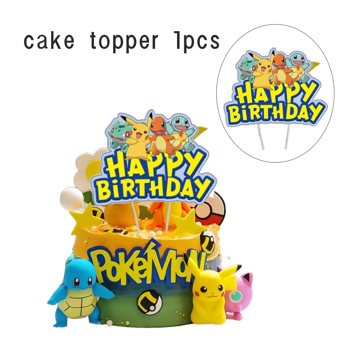 Pokemon Happy Birthday Acrylic Cake Topper Party Decoration Pikachu Cake Decor Flag Baby Shower