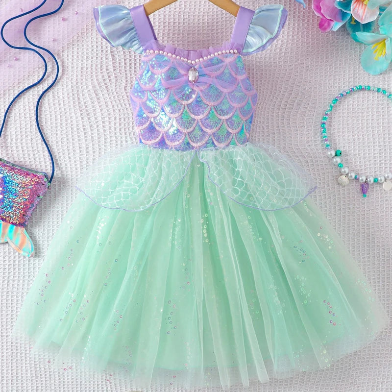 Girls Flying Sleeve Suspender Mesh Skirt Baby Girl Summer Sweet Sequin Performance Costume Mermaid Princess Dress