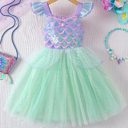 Girls Flying Sleeve Suspender Mesh Skirt Baby Girl Summer Sweet Sequin Performance Costume Mermaid Princess Dress