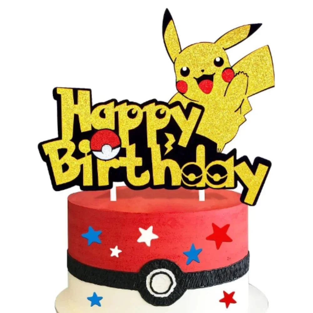 Pokemon Happy Birthday Acrylic Cake Topper Party Decoration Pikachu Cake Decor Flag Baby Shower