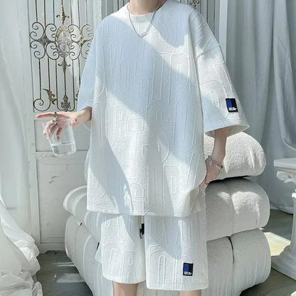 2025 NEW 3D Men's Waffle Summer Suit Casual T-shirt+Shorts Suit
