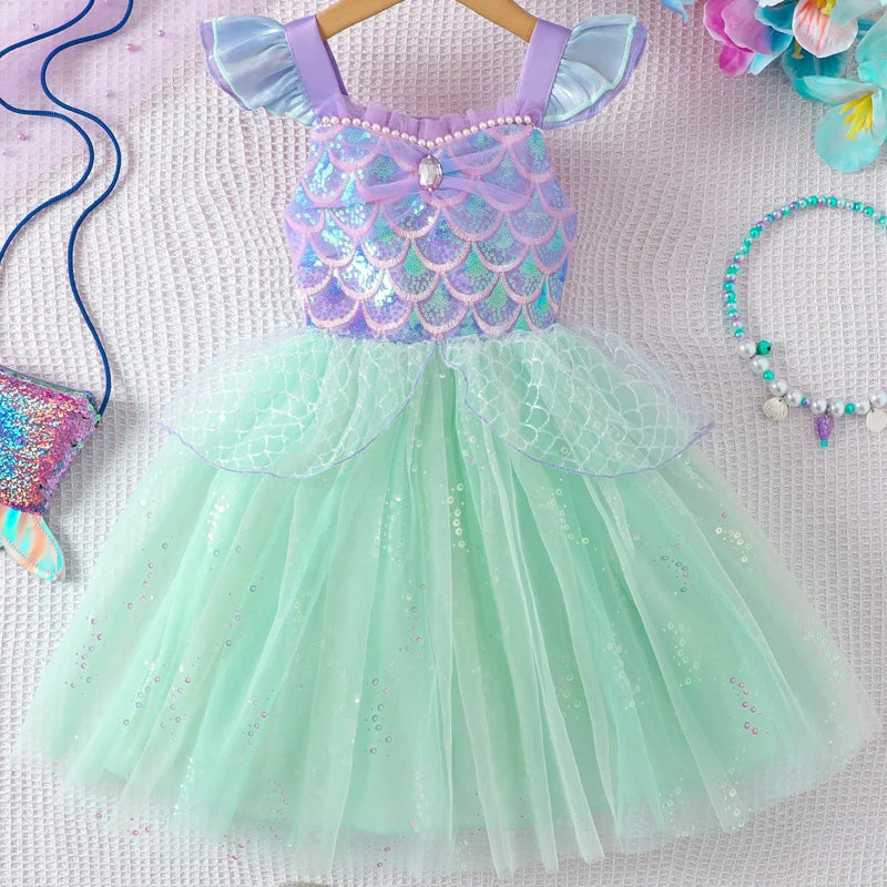 Girls Flying Sleeve Suspender Mesh Skirt Baby Girl Summer Sweet Sequin Performance Costume Mermaid Princess Dress