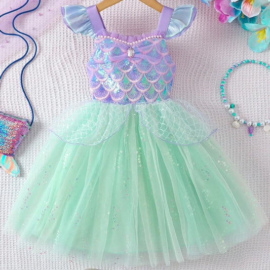 Girls Flying Sleeve Suspender Mesh Skirt Baby Girl Summer Sweet Sequin Performance Costume Mermaid Princess Dress